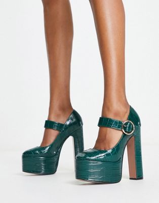 Preppy mary jane platform high shoes in green croc