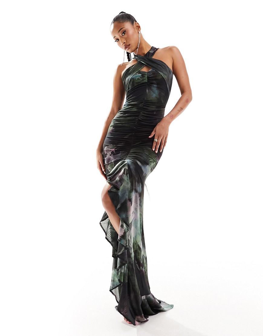 ASOS DESIGN printed mesh twist halter maxi dress with plunge neck and fishtail hem in dark floral print-Multi