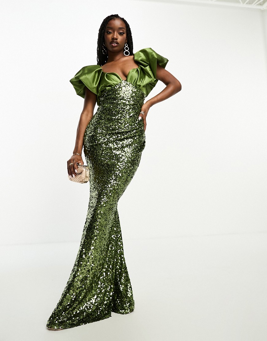 ASOS DESIGN puff sleeve satin sequin maxi dress in olive-Green