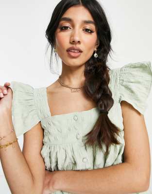 Puff textured button through ruffle sun top in sage - Click1Get2 Sale