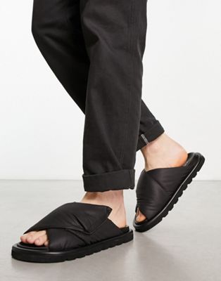 puffer cross strap sandals in black
