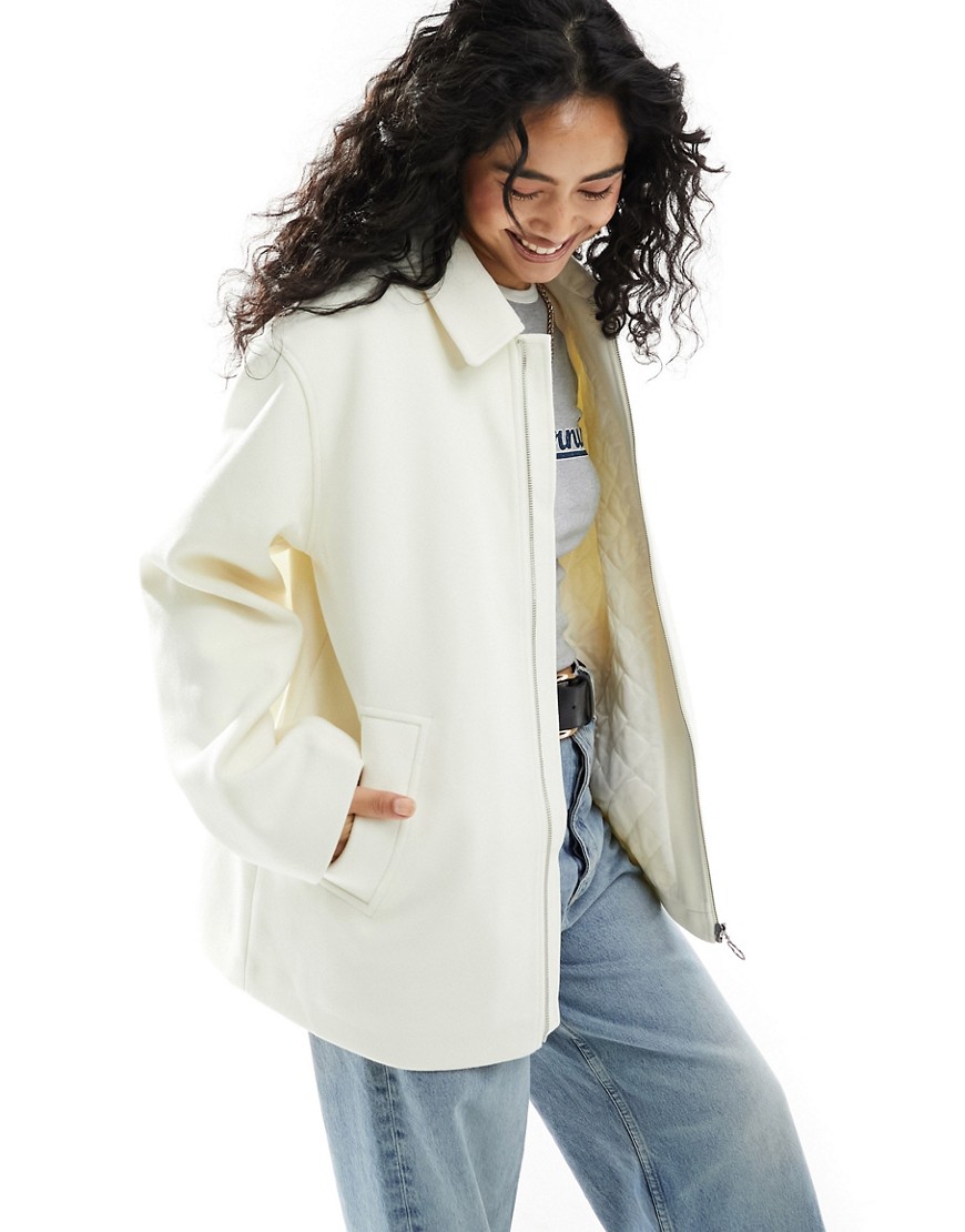 ASOS DESIGN quilt lined harrington jacket in cream-White