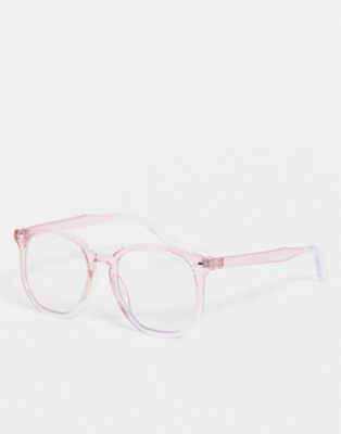 Recycled frame blue light clear lens glasses in pink crystal fade
