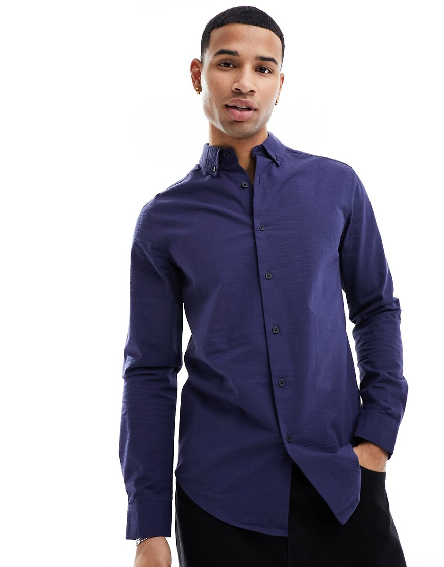 ASOS DESIGN regular seersucker textured smart shirt in navy