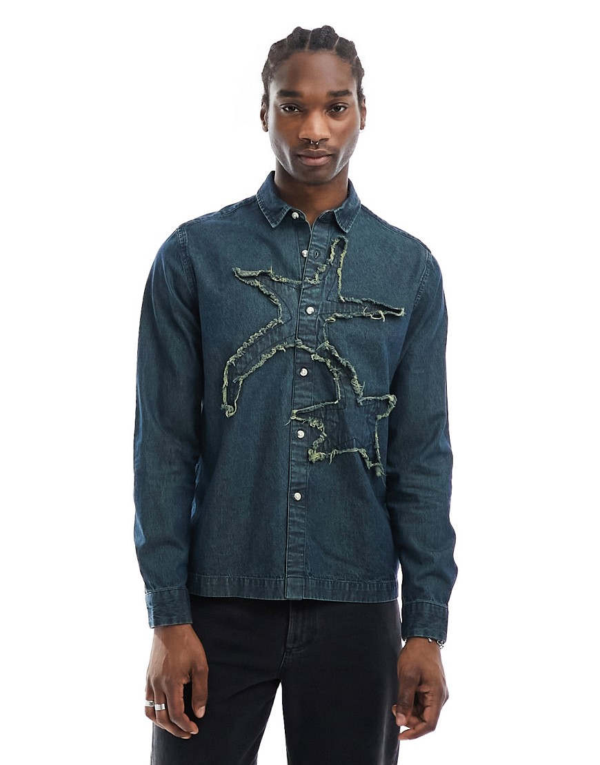 ASOS DESIGN relaxed denim shirt with distressed star in bleach wash blue