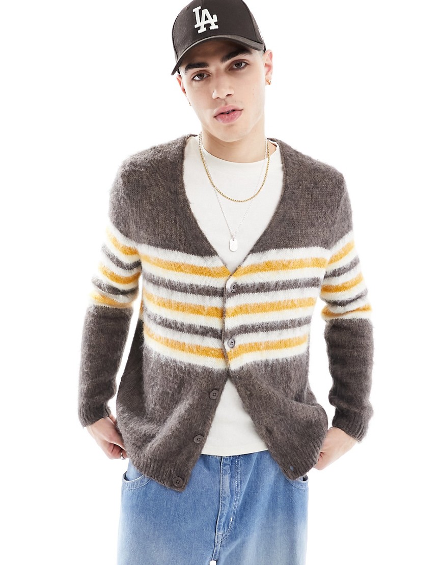ASOS DESIGN relaxed knitted cardigan in brown with yellow and white stripe in fluffy texture