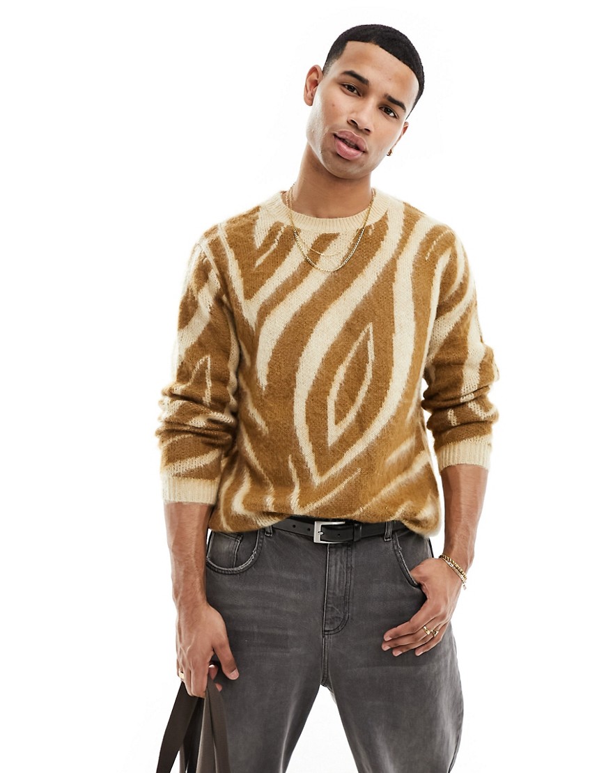ASOS DESIGN relaxed knitted fluffy jumper in brown animal print
