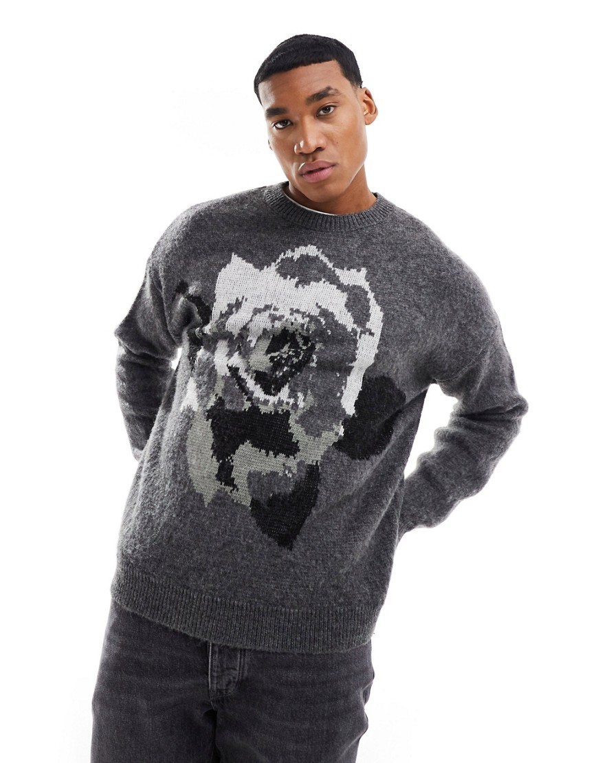 ASOS DESIGN relaxed knitted fluffy jumper in grey with rose placement pattern