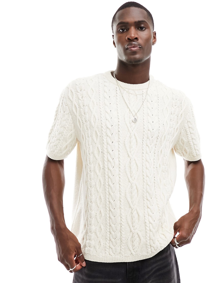ASOS DESIGN relaxed knitted t-shirt in slubby cable in ecru-Neutral