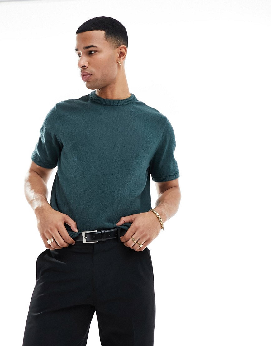 ASOS DESIGN relaxed knitted textured t-shirt in dark green