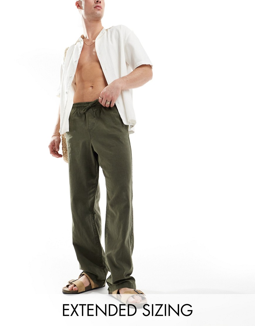 ASOS DESIGN relaxed linen trouser in khaki with elasticated waist-Green