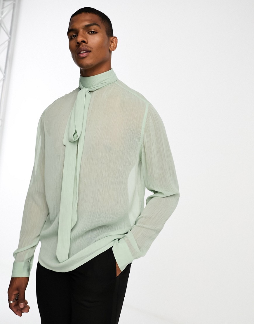 ASOS DESIGN relaxed long sleeve sheer crepe shirt with high neck pussy bow tie in sage green