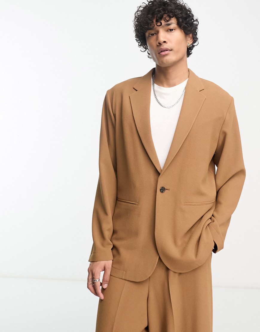 ASOS DESIGN relaxed oversized soft tailored suit jacket in tobacco crepe-Brown