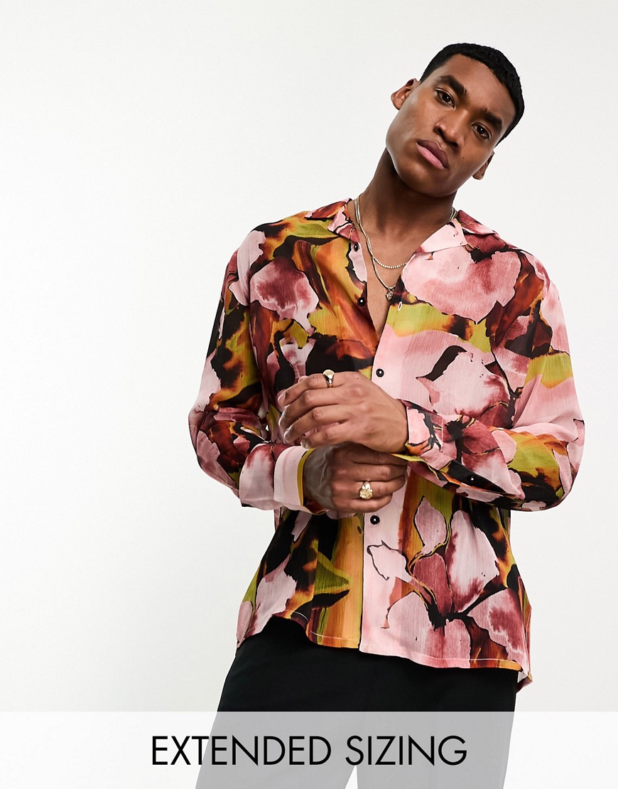 ASOS DESIGN relaxed revere sheer shirt in watercolour floral print-Multi