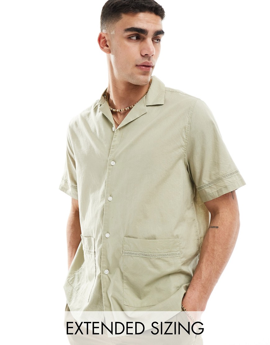 ASOS DESIGN relaxed revere shirt in cotton poplin with trim in olive green