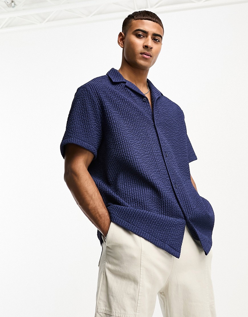 ASOS DESIGN relaxed revere shirt in textured wavy rib in navy
