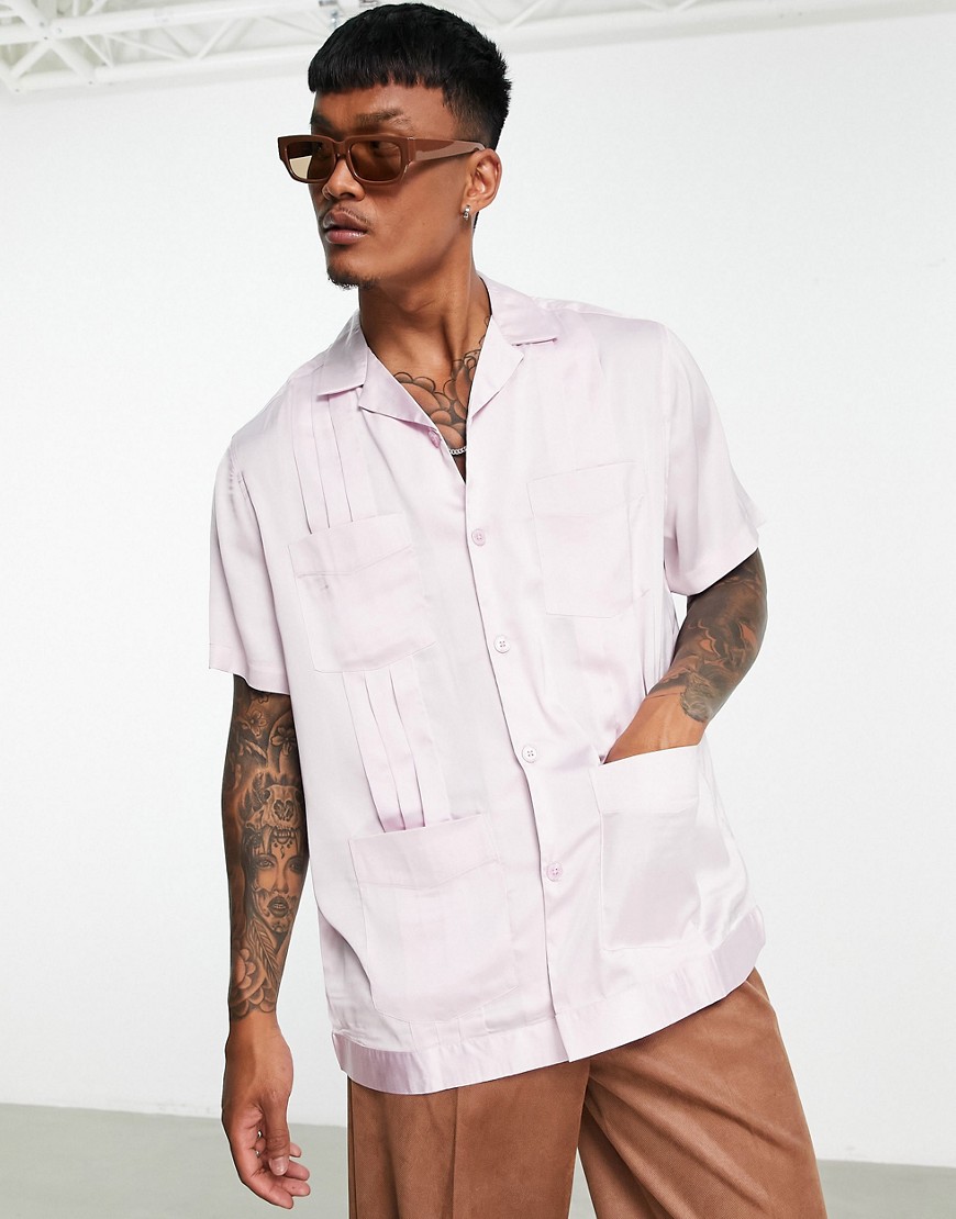 ASOS DESIGN relaxed satin resort shirt with pleat detail in pale pink