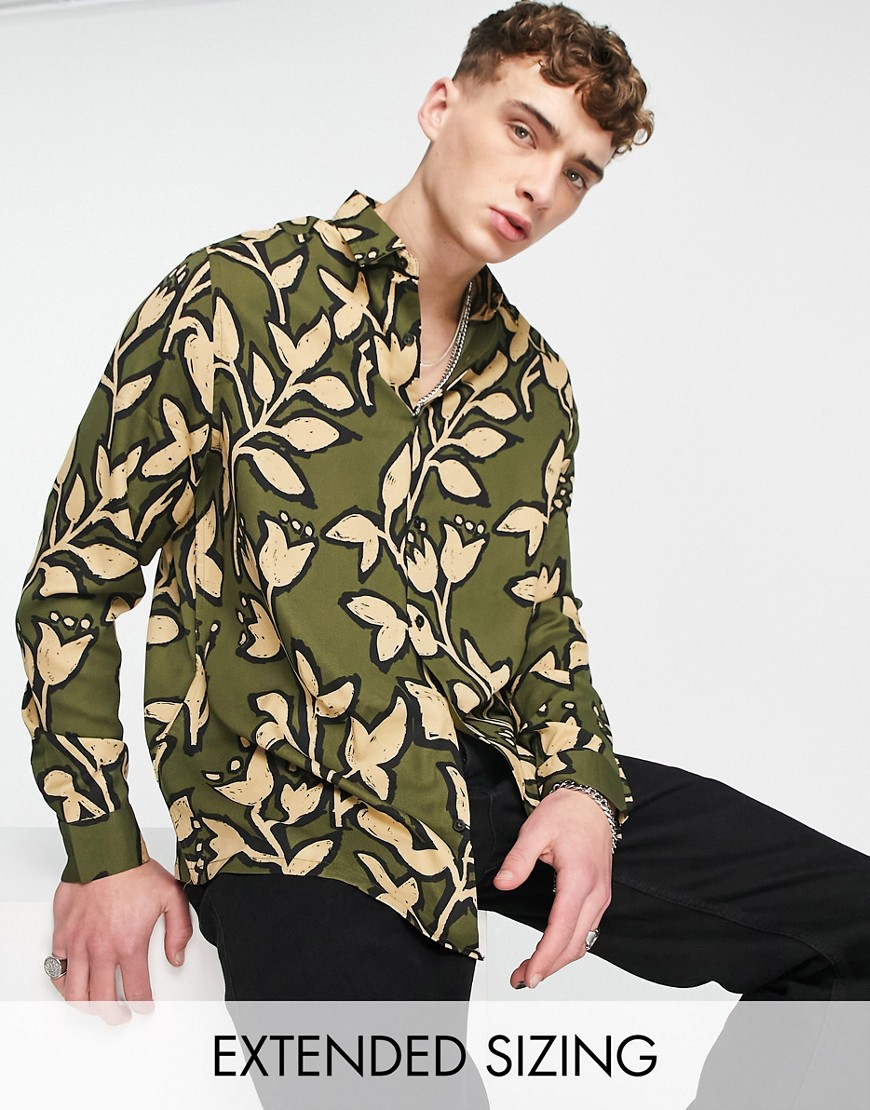 ASOS DESIGN relaxed shirt in khaki floral print-Green