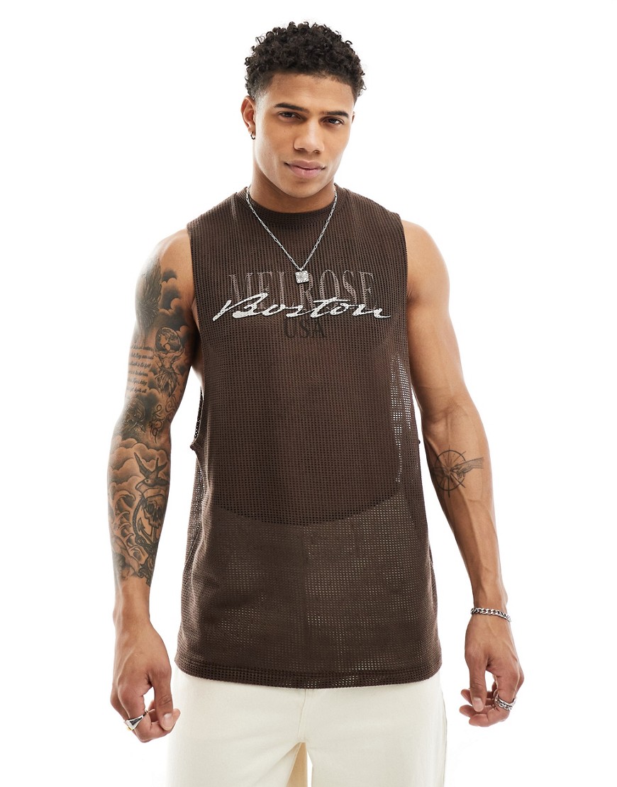 ASOS DESIGN relaxed tank vest in brown open mesh with Boston print