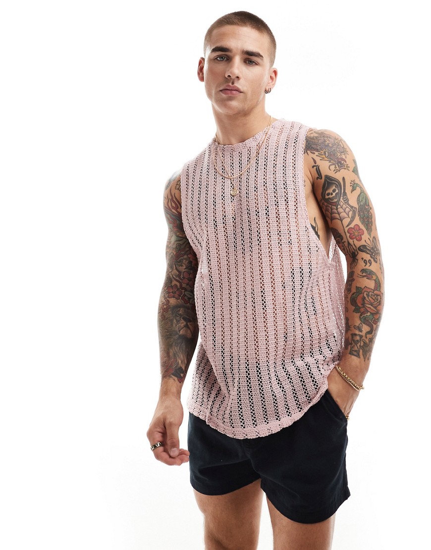 ASOS DESIGN relaxed tank vest in pink crochet with crew neckline