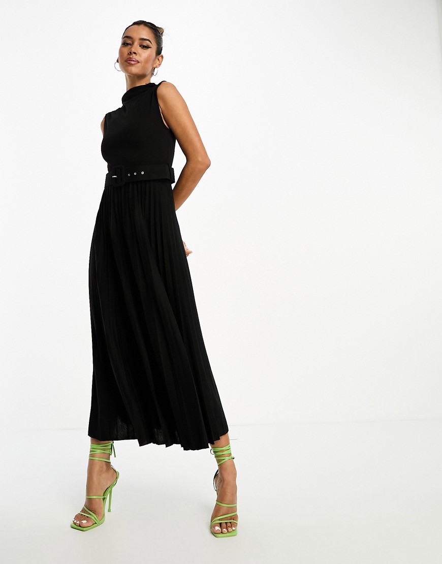 ASOS DESIGN roll neck midi dress with pleat skirt and belt in blacK