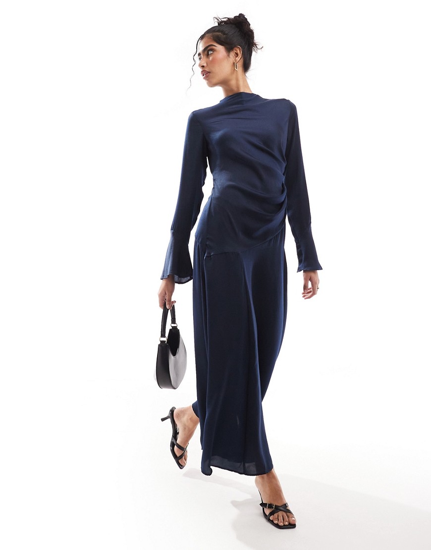 ASOS DESIGN ruched side cowl neck maxi dress with asymmetric tier in navy