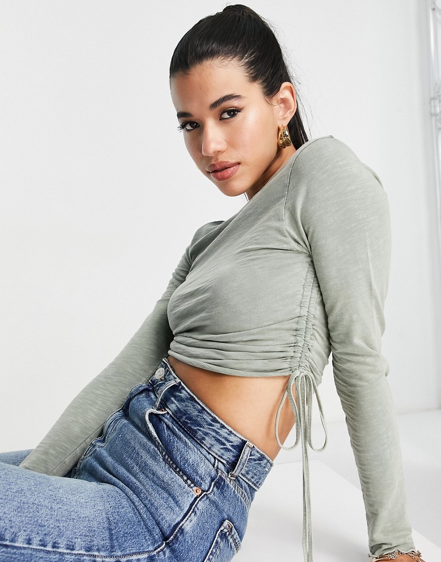 ASOS DESIGN ruched side slubby top in laundry wash in sage-Green