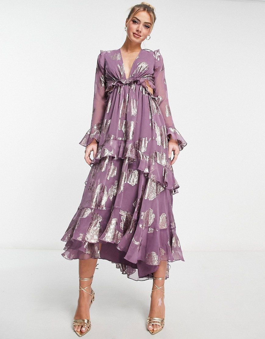 ASOS DESIGN ruffle floral jacquard midi dress with tiered skirt in mauve-Brown