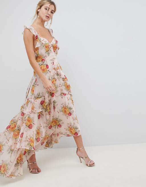 Asos Design Asos Design Ruffle Maxi Dress In Rose Floral Print 1195