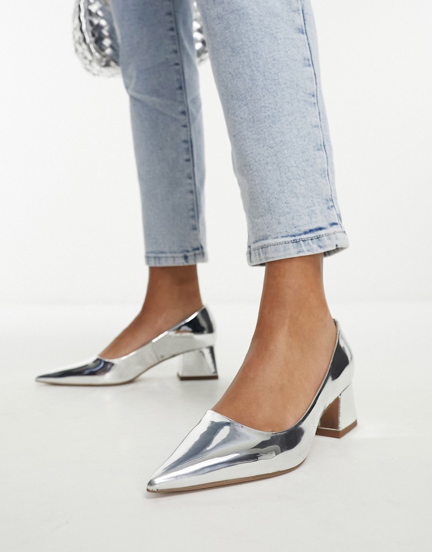 ASOS DESIGN Saint block mid heeled shoes in silver