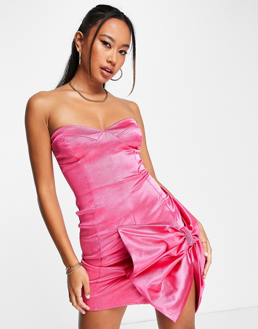ASOS DESIGN satin bandeau bow mini dress in hot pink