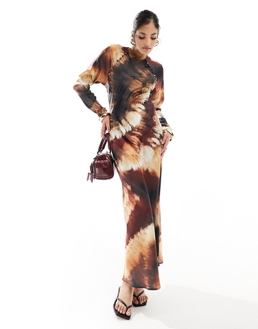 ASOS DESIGN satin biased maxi dress with button detail in blurred print-Multi