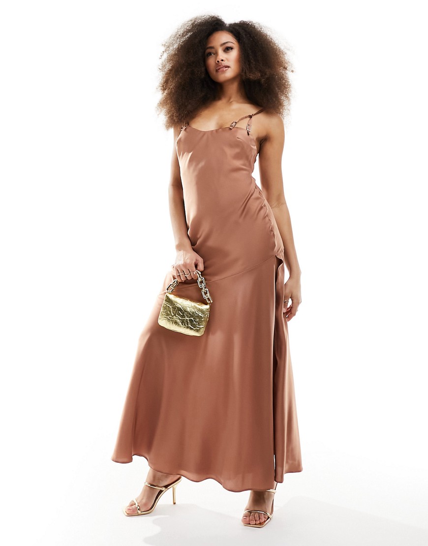 ASOS DESIGN satin buckle strap maxi dress with fuller skirt in mocha-Brown