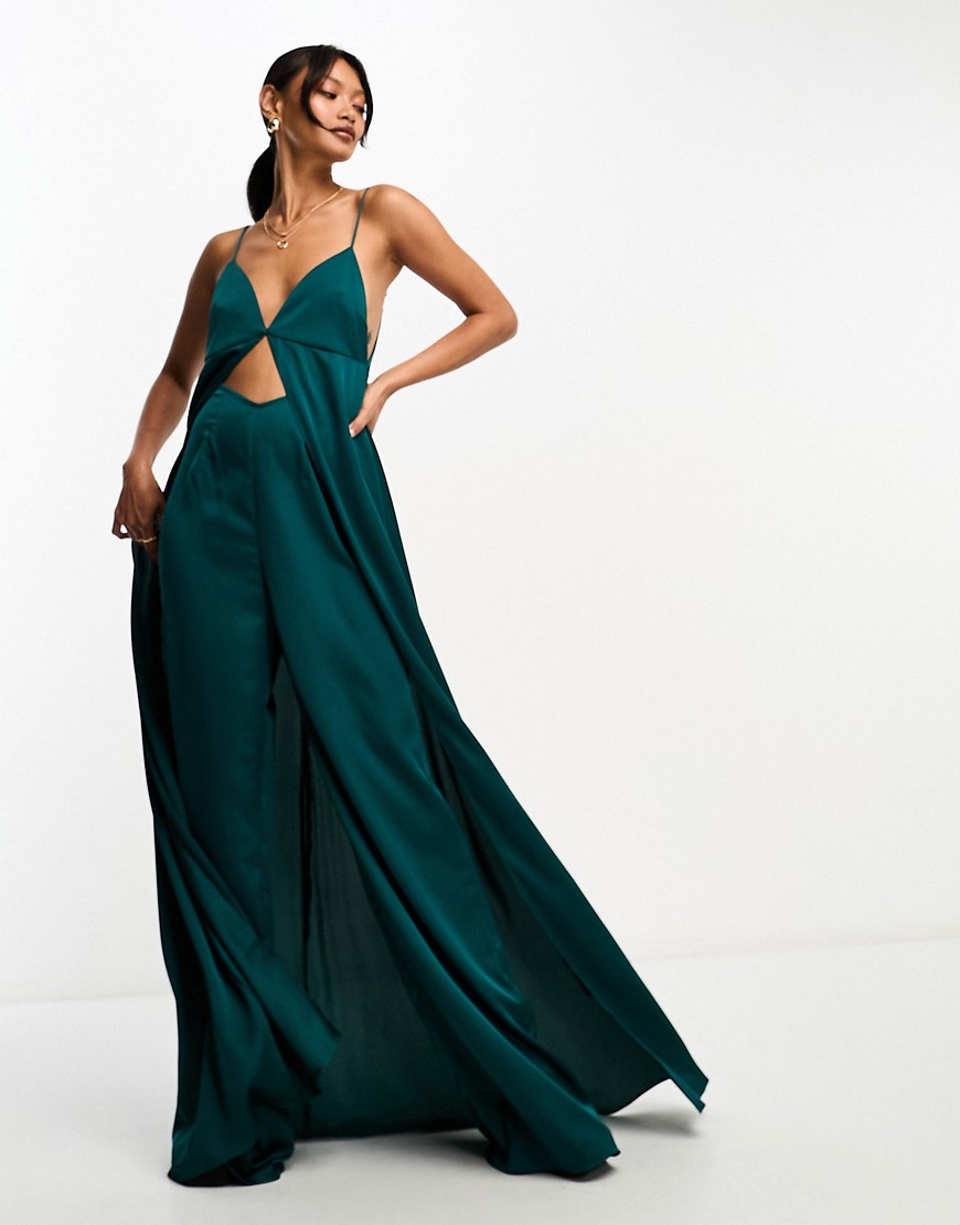 ASOS DESIGN satin cami jumpsuit with cut out and cape overlay detail in green