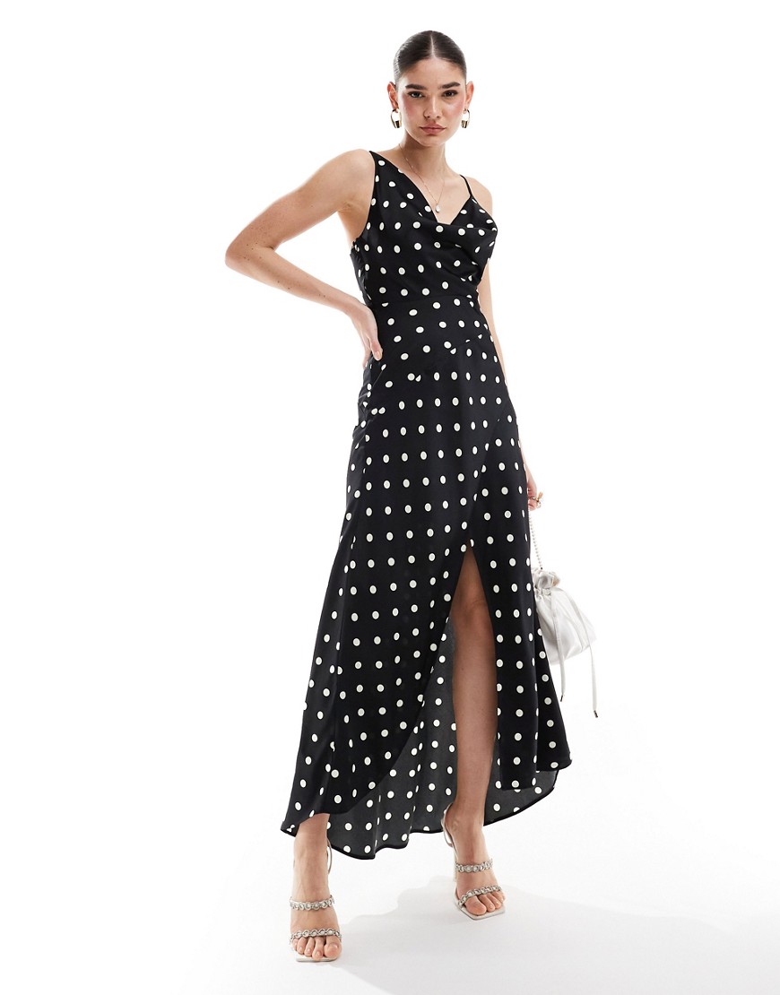 ASOS DESIGN satin cowl midaxi dress with cut out waist and graduated hem in polka dot-Multi