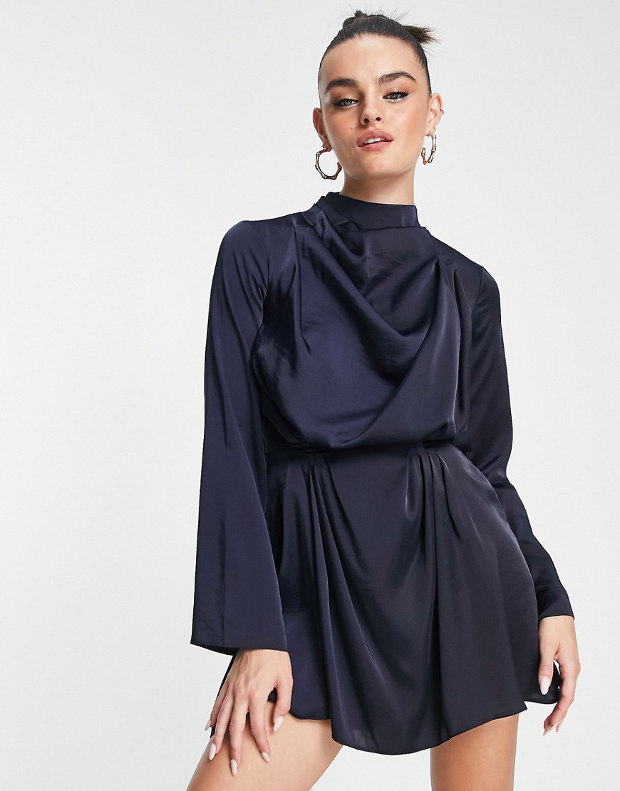 ASOS DESIGN satin drape neck mini dress with pleat detail and open back in navy