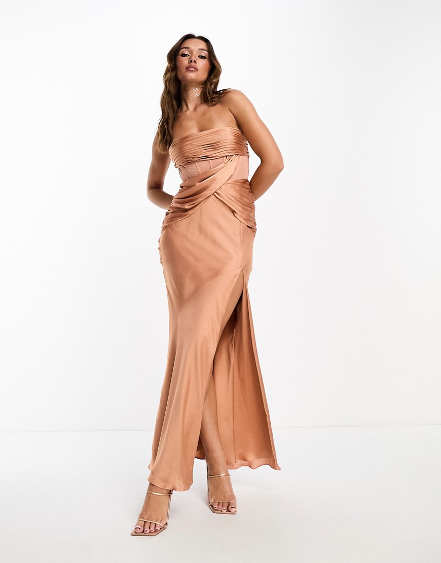 ASOS DESIGN satin draped bandeau bias maxi dress with corset detail in tan-Brown