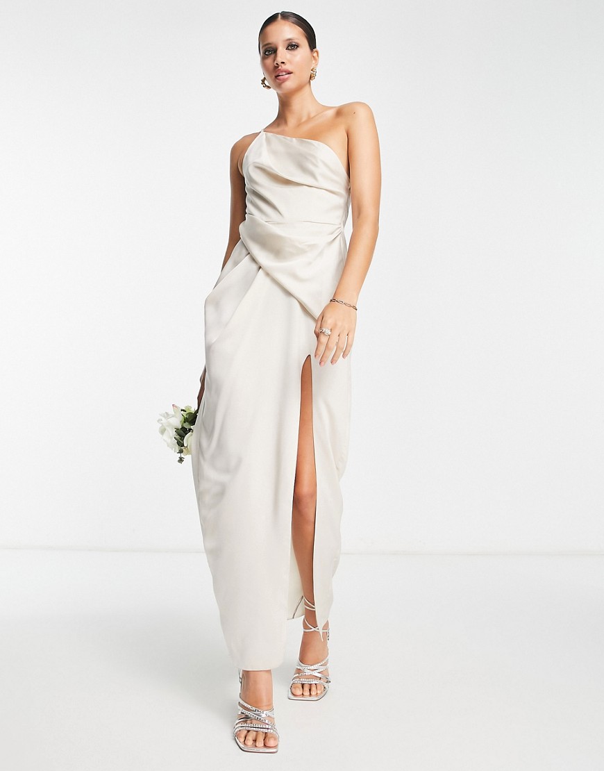 ASOS DESIGN satin one shoulder strappy maxi dress with slit in ivory-Grey