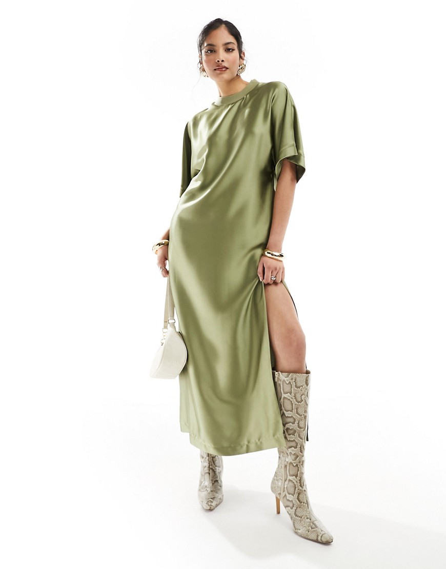 ASOS DESIGN satin oversized midi tshirt dress in olive-Green