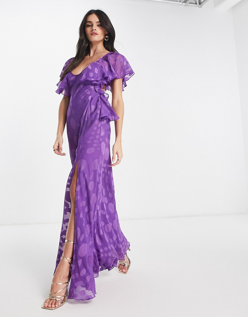 ASOS DESIGN satin spot flutter sleeve maxi dress with open back in purple