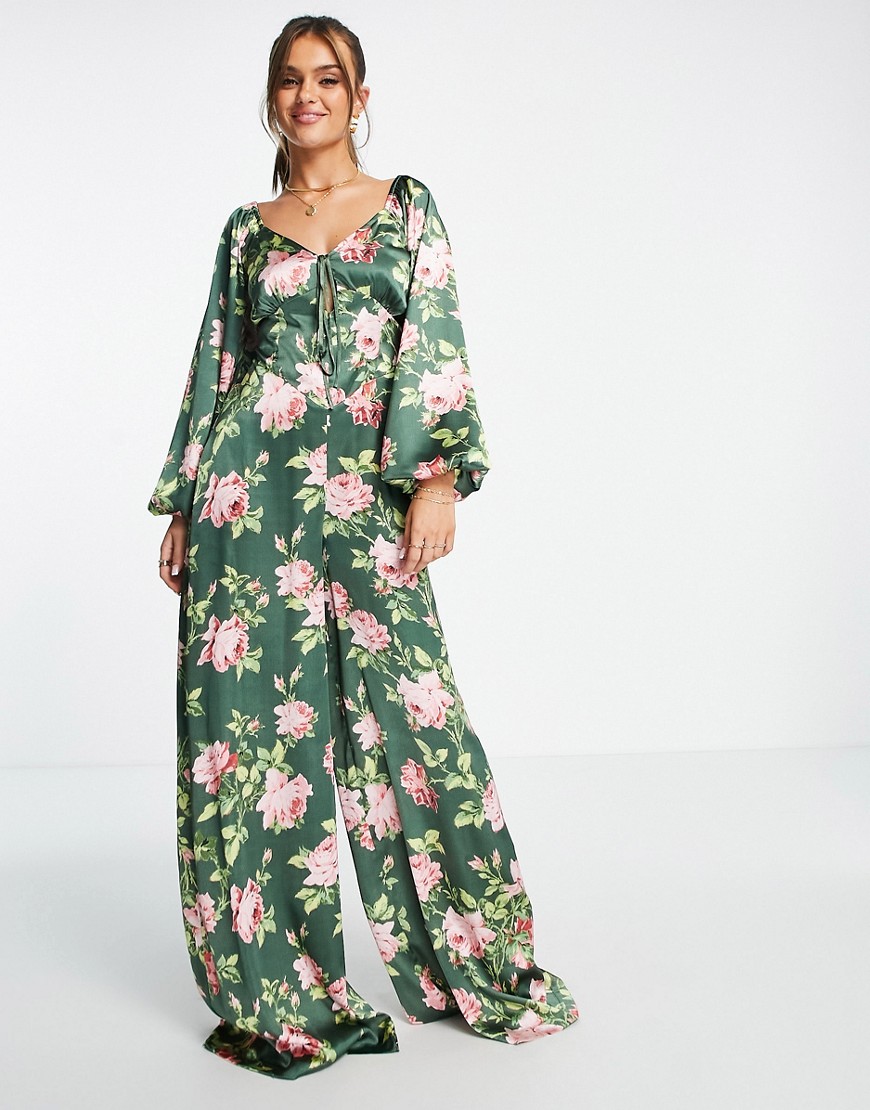 ASOS DESIGN satin tea jumpsuit with lace up back in floral print-Multi