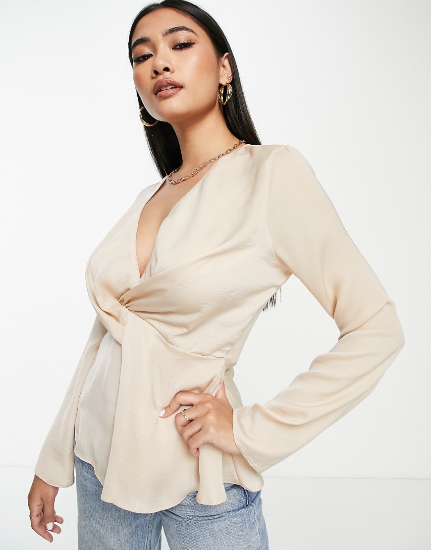 ASOS DESIGN satin twist front blouse with flared sleeve in champagne-White