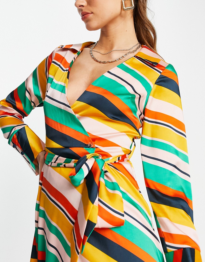 ASOS DESIGN satin wrap midi dress with collar in bright multi stripe