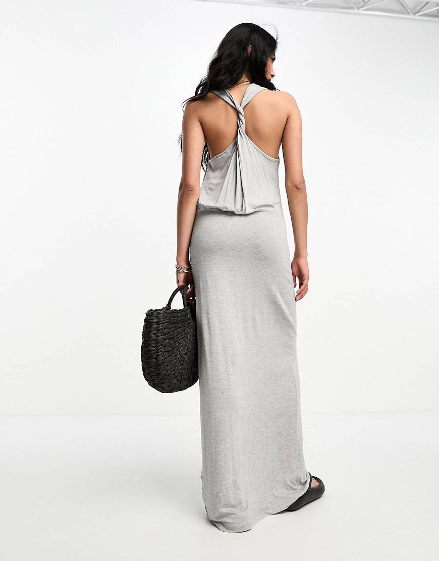 ASOS DESIGN scoop neck maxi dress with twist back and ruched skirt in grey