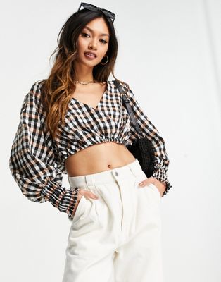 Seersucker check wrap top with shirred sleeves in black & brown - Click1Get2 Black Friday