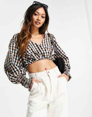 Seersucker check wrap top with shirred sleeves in black & brown - Click1Get2 Promotions