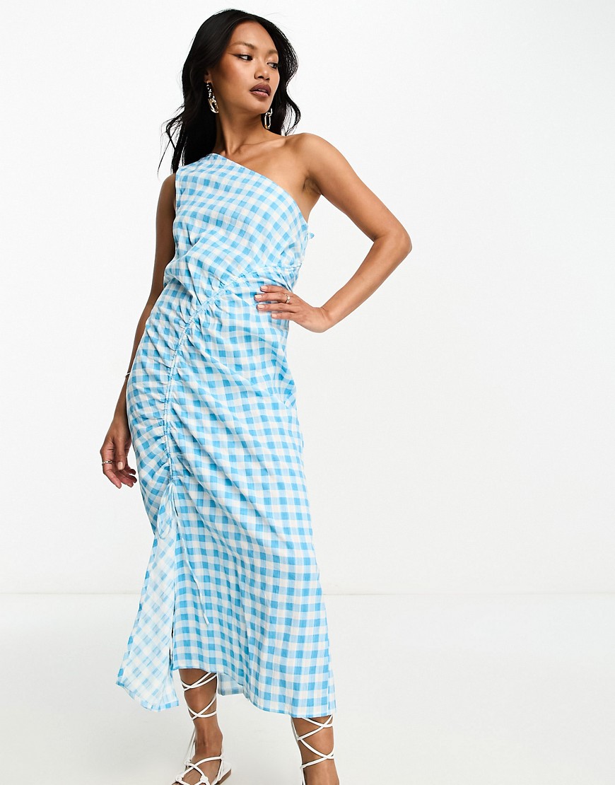 ASOS DESIGN seersucker one shoulder midi dress with ruched detail in blue gingham-Multi