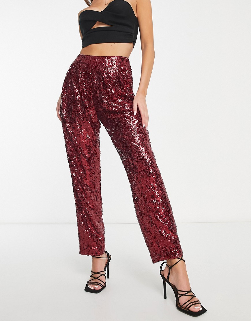 ASOS DESIGN sequin slouchy trouser in ruby-Red
