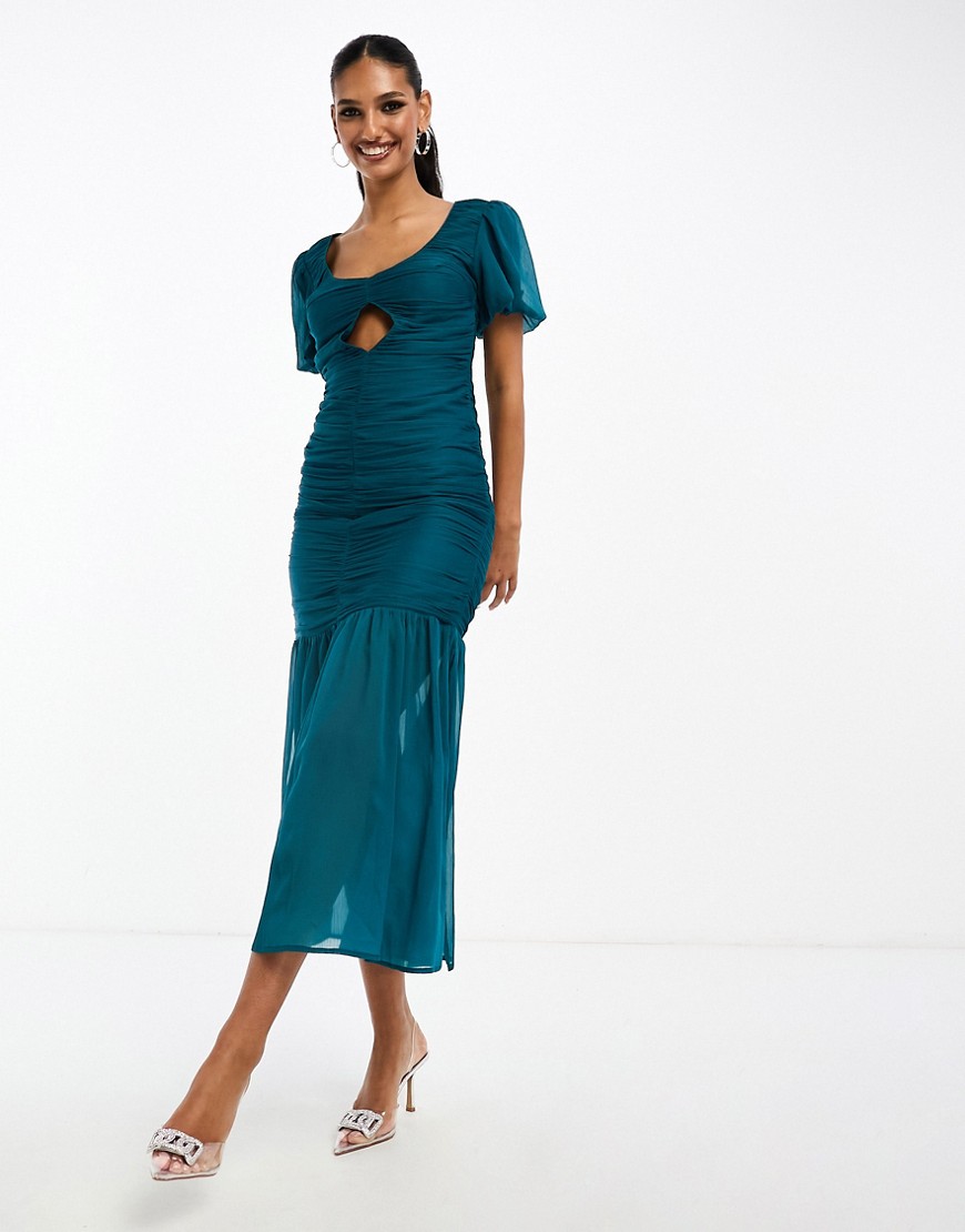 ASOS DESIGN sheer chiffon midi dress with ruching and keyhole detail in teal-Green