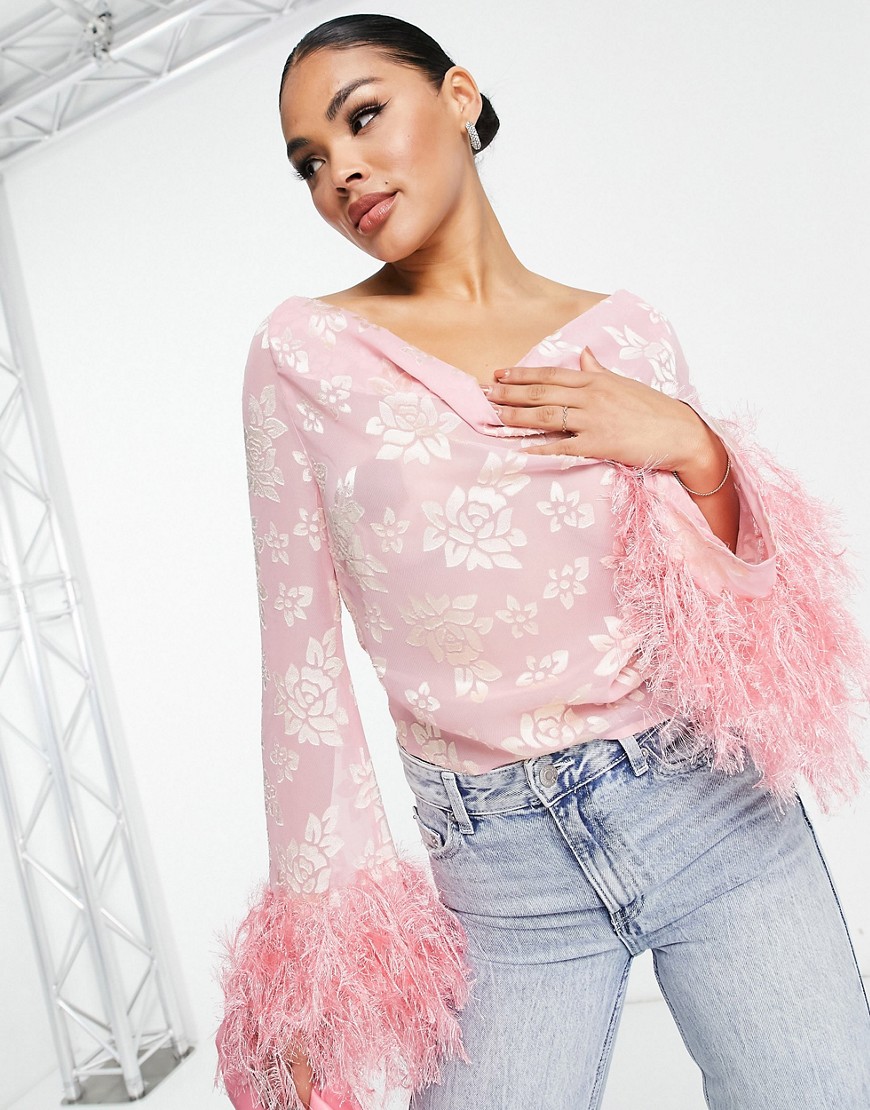 ASOS DESIGN sheer floral jacquard cowl neck top with faux feather trim sleeves in pink-Multi